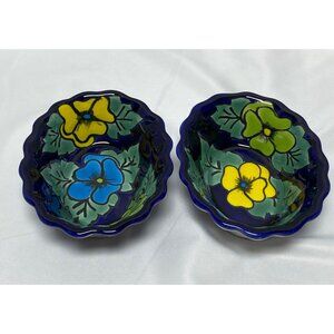 2 Handcrafted Mexican Talavera Ceramic Oval Bowls Floral Design Lead Free